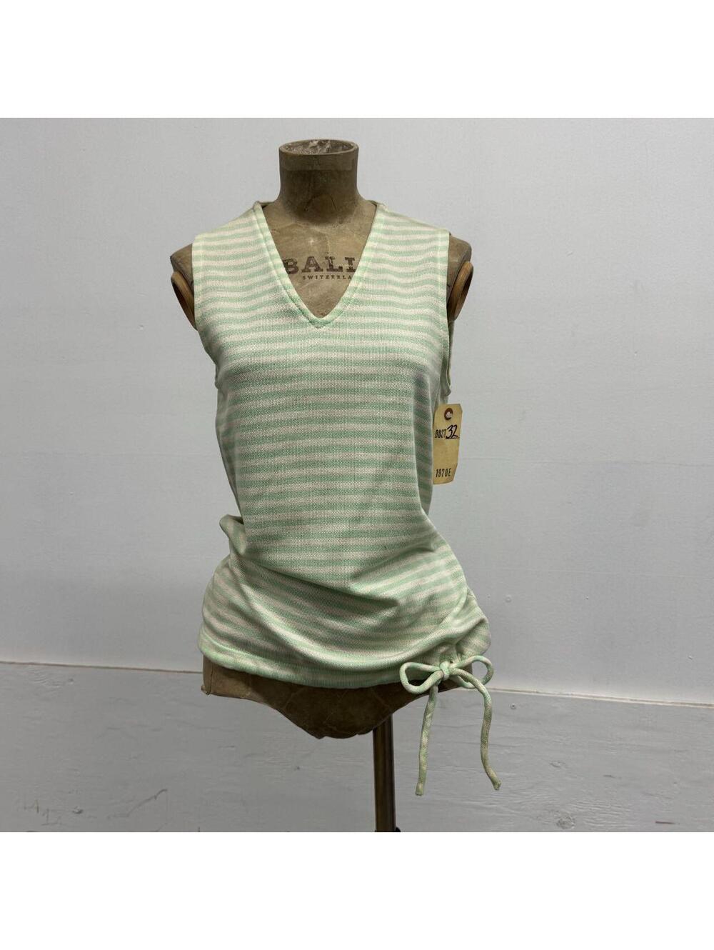 Vintage 70s Jantzen Pastel Mint Green & White Stripe Drawstring Tank Top